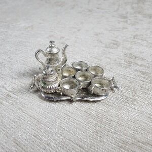 9Pcs Set Dollhouse Miniature Silver Metal Tea Coffee Tray Tableware Set